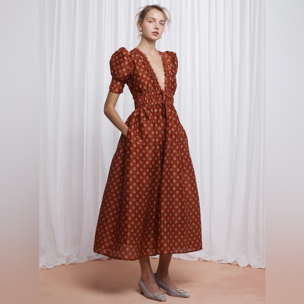 Lovaan Boehm Linen-Silk Puff-Sleeve V-Neck Midi Dress